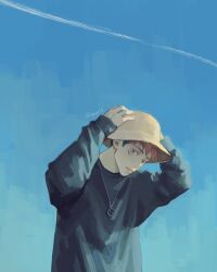 Rule 34 | 1boy, black sweater, blue background, blue sky, chain necklace, contrail, hand on headwear, hat, itadori yuuji, jewelry, jujutsu kaisen, long sleeves, looking at viewer, male focus, necklace, outdoors, pink hair, qxq illus, sky, solo, sweater, twitter username, undercut, upper body, yellow hat