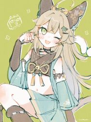 Rule 34 | 1girl, ;d, ahoge, animal ears, arm at side, arm warmers, black vest, blonde hair, blush, boots, bow, brown footwear, cat ears, cat girl, cat tail, ear covers, genshin impact, green background, green eyes, hair bow, hair ornament, hairclip, hand up, head tilt, heart, heart tail, highres, kirara (genshin impact), long hair, looking at viewer, multiple tails, navel, nig 18, one eye closed, open mouth, paw pose, signature, sketch, smile, solo, star (symbol), star hair ornament, stomach, tail, tail raised, tassel, two tails, vest