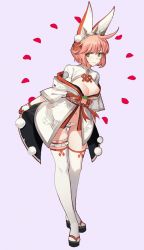Rule 34 | 1girl, 3:, ahoge, breasts, bridal garter, cleavage, closed mouth, elphelt valentine, framed breasts, full body, gloves, gluteal fold, green eyes, guilty gear, guilty gear xrd, hairband, highres, japanese clothes, kimono, large breasts, leaning forward, navel, obi, off shoulder, panties, petals, pink eyes, pink hair, pom pom (clothes), sandals, sash, seinen, short hair, short kimono, simple background, solo, standing, thighhighs, underwear, white panties, white thighhighs