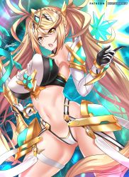 Rule 34 | 1girl, absurdres, armor, bare shoulders, bikini, black bikini, blonde hair, blush, bradamante (fate), braid, breasts, cleavage, cosplay, detached collar, elbow gloves, fate/grand order, fate (series), faulds, french braid, gloves, hair between eyes, hair ornament, highleg, highleg bikini, highres, hip focus, index finger raised, large breasts, long hair, looking at viewer, mythra (xenoblade), mythra (xenoblade) (cosplay), navel, nez-box, nintendo, open mouth, solo, swept bangs, swimsuit, thigh strap, thighs, twintails, two-tone bikini, very long hair, weapon, white bikini, xenoblade chronicles (series), xenoblade chronicles 2, yellow eyes