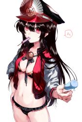 Rule 34 | 1girl, bikini, black bikini, black hair, breasts, commentary, cowboy shot, fate (series), food, food in mouth, foreshortening, giving, hair between eyes, hand on own hip, hat, jacket, jewelry, kuga huna, long hair, long sleeves, looking at viewer, military hat, navel, necklace, oda nobunaga (fate), oda nobunaga (koha-ace), oda nobunaga (swimsuit berserker) (fate), oda nobunaga (swimsuit berserker) (first ascension) (fate), oda nobunaga (swimsuit berserker) (second ascension) (fate), open clothes, open jacket, peaked cap, popsicle, red eyes, simple background, small breasts, solo, speech bubble, swimsuit, track jacket, white background
