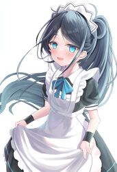 Rule 34 | 1girl, :d, absurdres, apron, aris (blue archive), aris (maid) (blue archive), black hair, black shirt, black skirt, black wrist cuffs, blue archive, blue eyes, blue ribbon, blush, commentary request, cowboy shot, floating hair, frilled apron, frills, happy, highres, hutaba miyagi, long hair, looking at viewer, maid, maid apron, maid headdress, neck ribbon, no halo, official alternate costume, open mouth, parted bangs, ponytail, puffy short sleeves, puffy sleeves, ribbon, shirt, short sleeves, sidelocks, simple background, skirt, skirt hold, smile, solo, tsurime, very long hair, white apron, white background, wrist cuffs