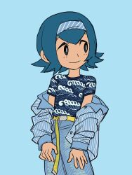 Rule 34 | 1girl, alternate costume, belt, belt buckle, black eyes, blue background, blue hair, blue hairband, bright pupils, buckle, buttons, closed mouth, commentary, cowboy shot, creatures (company), elizabeth (tomas21), freckles, game freak, hairband, highres, jacket, lana (pokemon), looking to the side, loose belt, nintendo, no sclera, off shoulder, open clothes, open jacket, pants, pokemon, pokemon sm, shirt, short hair, short sleeves, simple background, smile, solo, striped clothes, striped hairband, striped jacket, t-shirt, vertical-striped clothes, vertical-striped jacket, wave print, white pupils, yellow belt