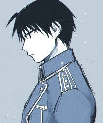 Rule 34 | 1boy, amestris military uniform, black eyes, black hair, blue jacket, blue theme, closed mouth, collared jacket, colored skin, from side, frown, fullmetal alchemist, grey background, grey theme, jacket, limited palette, looking afar, male focus, military, military uniform, monochrome, muted color, pkbr, profile, roy mustang, serious, simple background, spiked hair, tsurime, uniform, upper body, white skin