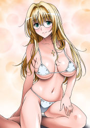 Rule 34 | 10s, 1girl, bare shoulders, bikini, blonde hair, blush, breasts, cross, cross necklace, fingernails, glasses, green eyes, hair intakes, highres, hip focus, jewelry, large breasts, legs, long fingernails, long hair, looking at viewer, micro bikini, navel, necklace, rudoni, simple background, sitting, smile, solo, swimsuit, tearju lunatique, thighs, to love-ru, to love-ru darkness