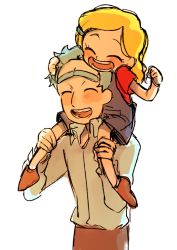 Rule 34 | 1boy, 1girl, aged down, beth smith, blonde hair, carrying, child, closed eyes, father and daughter, hair ornament, hairclip, messy hair, noko6, open mouth, piggyback, rick and morty, rick sanchez, short hair, smile, spiked hair, unibrow