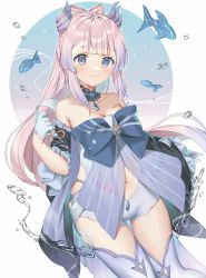 Rule 34 | 1girl, babydoll, bare shoulders, blue bow, blue hair, bow, bow-shaped hair, breasts, bubble, choker, cleavage, closed mouth, colored tips, cowboy shot, detached sleeves, fish, frilled sleeves, frills, genshin impact, gloves, head wings, highres, looking at viewer, medium breasts, multicolored hair, navel, oshage (osyage921), pink hair, purple eyes, sangonomiya kokomi, see-through, short shorts, shorts, smile, solo, thighhighs, thighs, two-tone hair, vision (genshin impact), water, white background, white gloves, white shorts, white thighhighs, wide sleeves, wings