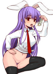 Rule 34 | 1girl, animal ears, bad id, bad pixiv id, black thighhighs, blush, bottomless, colored pubic hair, condom, cum, extra ears, female pubic hair, hand on own hip, hip focus, long hair, navel, necktie, okayu (okayushop), pubic hair, purple hair, rabbit ears, red eyes, red necktie, reisen udongein inaba, simple background, sketch, solo, thighhighs, tongue, touhou