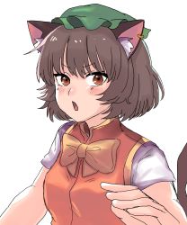Rule 34 | 1girl, absurdres, animal ears, bow, bowtie, brown hair, cat ears, chen, earrings, hat, highres, jewelry, kashiwara mana, looking at viewer, open mouth, short hair, simple background, solo, touhou, upper body, v-shaped eyebrows