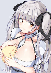 Rule 34 | 1girl, animal, azur lane, bird, black ribbon, breasts, commentary request, dress, formidable (azur lane), grey background, grey hair, hair ribbon, highres, holding, holding animal, irohara, large breasts, long hair, looking at viewer, manjuu (azur lane), orange eyes, ribbon, short sleeves, simple background, smile, solo, twintails, upper body, very long hair, white dress
