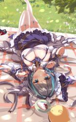 Rule 34 | 1girl, absurdres, animal ears, apron, azur lane, bare shoulders, black hair, border, breasts, cat ears, cheshire (azur lane), cleavage, detached sleeves, fake animal ears, fang, frilled apron, frilled hairband, frilled ribbon, frills, garter straps, hairband, highres, large breasts, long ribbon, looking at viewer, lying, maid, maid headdress, manjuu (azur lane), multicolored hair, on back, paw print, paw print background, puffy detached sleeves, puffy sleeves, ribbon, solo, streaked hair, thighhighs, two-tone background, two-tone hair, white thighhighs, whitecatcat, wrist cuffs