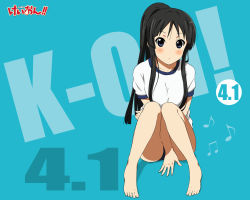 Rule 34 | 1girl, akiyama mio, barefoot, black hair, blue eyes, buruma, feet, gym uniform, k-on!, legs, long hair, ponytail, solo, toes, yuu (1007yu)