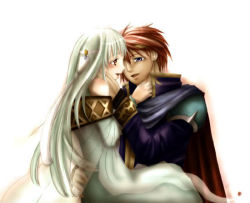 Rule 34 | aqua hair, bare shoulders, blue eyes, blush, cape, carrying, couple, dress, eliwood (fire emblem), eye contact, fire emblem, fire emblem: the blazing blade, hair ornament, hand on another&#039;s face, happy, hug, imminent kiss, long hair, long sleeves, looking at another, ninian, nintendo, open mouth, princess carry, red eyes, red hair, short hair, sitting, smile, tiara, white hair