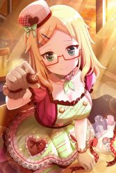Rule 34 | alternative girls, blonde hair, blush, breasts, buttons, candy, choker, cleavage, collarbone, double-breasted, dress, dusk, english text, food, frilled dress, frills, gem, gift bag, glasses, gloves, green choker, green dress, green eyes, hair ornament, hairclip, hat, highres, large breasts, long hair, looking at viewer, nakata natalie, official art, pink dress, pink hat, puffy short sleeves, puffy sleeves, red-framed eyewear, seiza, semi-rimless eyewear, short sleeves, sitting, smile, solo, sunlight, thighhighs, two-tone dress, valentine, white gloves
