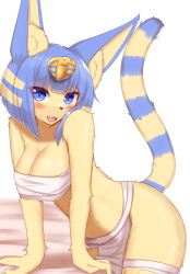Rule 34 | 1girl, animal crossing, animal ear fluff, animal ears, animal nose, ankha (animal crossing), bandages, bandages around chest, bare shoulders, belly, blonde hair, blue eyes, blue hair, blush, breasts, cat ears, cat tail, cleavage, collarbone, fang, furry, furry female, hair ornament, highres, horokusa (korai), large breasts, looking at viewer, navel, nintendo, open mouth, short hair, snake hair ornament, snout, striped tail, tail, thick thighs, thighs