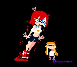 Rule 34 | !?, 2girls, absurdres, arms at sides, artist name, bare shoulders, bike shorts, black eyes, blinky, blue bra, blue eyes, blunt bangs, bra, bra strap, breasts, closed mouth, crop top, crossover, female focus, full body, grey background, highres, ink, inkling, inkling girl, inkling player character, jumping, legs together, long hair, meme, midriff, minuspal, multiple girls, nintendo, notice lines, off-shoulder shirt, off shoulder, orange hair, pac-man (game), personification, pink footwear, pointy ears, red footwear, red hair, shirt, shoes, short hair, short sleeves, sidelocks, simple background, small breasts, sneakers, splat tim, splatoon (series), standing, stomach, suction cups, surprised, tentacle hair, tentacles, twintails, twitch username, underwear, watermark, web address, white shirt
