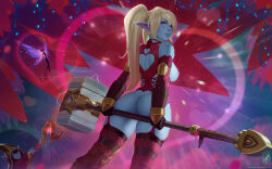 Rule 34 | 2girls, alternate breast size, alternate costume, alternate height, ass, ass support, bare shoulders, blonde hair, brown thighhighs, butt crack, clothing cutout, garter straps, hammer, heart cutout, highres, holding, holding hammer, holding staff, league of legends, leotard, looking at viewer, looking back, lulu (league of legends), magic, multiple girls, pix (league of legends), pointy ears, poppy (league of legends), pussy, pussy peek, red headwear, red leotard, solo focus, staff, themaestronoob, thighhighs, twintails