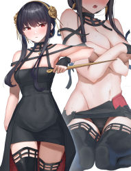 Rule 34 | 1girl, black dress, black footwear, black gloves, black hair, black panties, blush, boots, breasts, cleavage, cowboy shot, dagger, dress, gloves, gold hairband, hairband, highres, kneeling, knife, looking at viewer, medium breasts, medium hair, multiple views, navel, open mouth, panties, red eyes, shougun (chuckni1), spy x family, thigh boots, thighhighs, thighs, two-sided dress, two-sided fabric, underwear, weapon, white background, yor briar