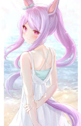 Rule 34 | 1girl, absurdres, animal ears, beach, blush, bow, clothing cutout, dress, ear ribbon, floating hair, from behind, highres, holding own arm, horse ears, horse girl, horse tail, long hair, looking at viewer, looking back, mejiro mcqueen (umamusume), parted lips, ponytail, purple eyes, purple hair, sidelocks, sky cappuccino, sleeveless, sleeveless dress, smile, solo, swept bangs, tail, tail through clothes, umamusume, white dress