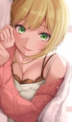 Rule 34 | 1girl, :3, absurdres, blonde hair, blush, breasts, camisole, cleavage, collarbone, eyelashes, green eyes, highres, idolmaster, idolmaster cinderella girls, jewelry, joniwi, long sleeves, looking at viewer, lying, miyamoto frederica, necklace, open mouth, solo, sweater, under covers