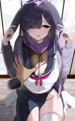 Rule 34 | 1boy, 1girl, absurdres, bandaged leg, bandages, black hair, black skirt, blue archive, blue sailor collar, breasts, cleavage, commentary request, grabbing, grabbing another&#039;s breast, hair over one eye, halo, highres, huge breasts, long hair, looking to the side, neckerchief, nicorima, purple eyes, purple halo, purple scarf, red neckerchief, sailor collar, scarf, school uniform, serafuku, shirt, sitting, skirt, solo focus, thighs, torn clothes, tsukuyo (blue archive), white shirt