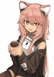 Rule 34 | 1girl, :d, absurdres, animal ear fluff, animal ears, arknights, bare shoulders, brown eyes, brown jacket, brown thighhighs, commentary request, cup, gravel (arknights), hair between eyes, hands up, highres, holding, holding cup, jacket, long hair, long sleeves, looking at viewer, off shoulder, open mouth, piennamekuzi, pink hair, shirt, simple background, sitting, sleeveless, sleeveless shirt, smile, solo, thighhighs, very long hair, white background, white shirt