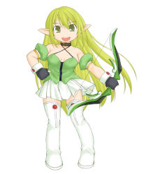 Rule 34 | 1girl, armband, bare shoulders, black gloves, blonde hair, boots, bow (weapon), breasts, chibi, collar, elf, elsword, fingerless gloves, gloves, green eyes, green hair, hand on own hip, kasuga yukihito, long hair, matching hair/eyes, pleated skirt, pointy ears, ranger (elsword), rena erindel, revision, skirt, small breasts, smile, solo, thigh boots, thighhighs, weapon, unfinished, wrist cuffs