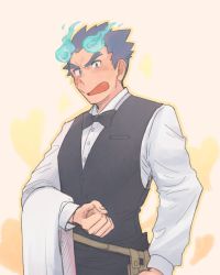 Rule 34 | 1boy, bad id, bad twitter id, black vest, blue eyes, blue fire, blue hair, blush, bow, bowtie, collared shirt, commentary request, embarrassed, facial scar, fiery hair, fiery horns, fire, forked eyebrows, heart, highres, horns, kamori (kamori0107), looking at viewer, male focus, open mouth, sakimori toji, scar, scar on cheek, scar on face, shirt, short hair, thick eyebrows, tokyo houkago summoners, traditional bowtie, upper body, vest, waistcoat, waiter, white shirt, yellow background