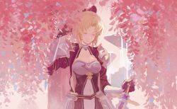 Rule 34 | 1girl, absurdres, armor, armored dress, black bow, black dress, black jacket, blonde hair, bow, branch, breastplate, breasts, character request, chinese commentary, cleavage, cleavage cutout, closed eyes, clothing cutout, commentary request, dress, facing down, flower, gauntlets, hair bow, highres, holding, holding sword, holding weapon, jacket, leaf, linea alba, medium breasts, navel, navel cutout, open clothes, open jacket, outdoors, parted bangs, pink theme, shoulder pads, solo, sword, sword art online, upper body, weapon, wisteria, yamasakiu