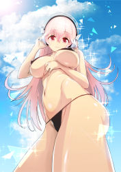 Rule 34 | 1girl, bikini, black bikini, blue sky, breasts, closed mouth, cloud, day, from below, green322, headphones, highres, large breasts, long hair, looking at viewer, navel, nitroplus, pink eyes, pink hair, sky, solo, sparkle, sun, super sonico, swimsuit