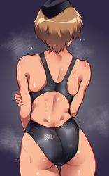 Rule 34 | 1girl, arm grab, ass, back, blonde hair, competition swimsuit, em (totsuzen no hakike), from behind, garrison cap, grey background, hat, one-piece swimsuit, solo, swimsuit, thigh gap, thighs, waltrud krupinski, wet, world witches series