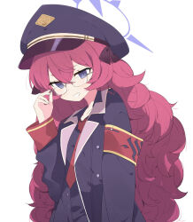 Rule 34 | 1girl, adjusting eyewear, armband, bespectacled, black shirt, blue archive, blue eyes, blue hat, blue jacket, buttons, collarbone, collared shirt, commentary request, eyelashes, glasses, grin, hair between eyes, halo, hand up, hat, highres, iroha (blue archive), jacket, lapels, light blush, long hair, long sleeves, looking at viewer, military, military jacket, military uniform, necktie, open clothes, open jacket, peaked cap, red hair, red necktie, safety pin, shirt, sidelocks, simple background, sleeve cuffs, smile, solo, teeth, uniform, upper body, very long hair, white background, ymm007xx