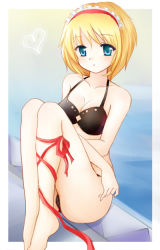 Rule 34 | 1girl, alice margatroid, ankle lace-up, bad id, bad pixiv id, barefoot, blonde hair, blue eyes, bra, breasts, cleavage, cross-laced footwear, female focus, heart, lingerie, nikoo, panties, ribbon, short hair, solo, touhou, underwear, underwear only