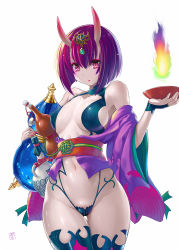 Rule 34 | 1girl, bob cut, breasts, cup, fate/grand order, fate (series), horns, looking at viewer, medium breasts, navel, nyanko batake, oni, pale skin, pink eyes, purple hair, sakazuki, shuten douji (fate), simple background, skin-covered horns, solo, standing, thighhighs, white background