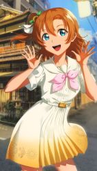 Rule 34 | 1girl, a song for you! you? you!, blue eyes, corsetman, dress, hands up, highres, kosaka honoka, looking at viewer, love live!, love live! school idol project, medium hair, neckerchief, one side up, open mouth, orange hair, pink neckerchief, short dress, smile, solo, white dress
