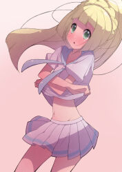 Rule 34 | blonde hair, blunt bangs, blush, braid, clothes lift, creatures (company), crossed arms, fujiwara hiro (kaede ciao), game freak, green eyes, groin, highres, lillie (pokemon), long hair, looking at viewer, loose hair strand, midriff, navel, nintendo, open mouth, pink background, pleated skirt, pokemon, pokemon sm, shirt, shirt lift, skirt, sparkle, undressing, white shirt