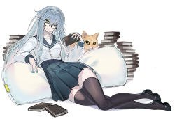 Rule 34 | 1girl, absurdres, animal, black-framed eyewear, black sailor collar, black skirt, blue nails, book, book stack, breasts, cat, closed mouth, echj, glasses, green eyes, grey hair, hair between eyes, hand up, highres, holding, holding book, long hair, long sleeves, looking at viewer, nail polish, original, pleated skirt, pointy ears, puffy long sleeves, puffy sleeves, sailor collar, school uniform, serafuku, shadow, shirt, simple background, skirt, small breasts, smile, solo, thighhighs, very long hair, white background, white shirt