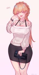 Rule 34 | 1girl, ^ ^, ^o^, aran sweater, bag, bare shoulders, blonde hair, blush, breasts, cable knit, closed eyes, earrings, eonsang, girls&#039; frontline, handbag, highres, jewelry, long hair, necklace, ots-14 (girls&#039; frontline), pencil skirt, ring, skirt, solo, sweater, wedding band