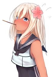 Rule 34 | 10s, 1girl, absurdres, arms at sides, bare arms, bare shoulders, blue eyes, blush, breasts, crop top, crop top overhang, eyebrows, flower, flying sweatdrops, food, food in mouth, from side, go-1, hair flower, hair ornament, highres, kantai collection, long hair, md5 mismatch, mouth hold, neckerchief, one-piece swimsuit, pink flower, pocky, pocky day, ro-500 (kancolle), school swimsuit, school uniform, serafuku, sleeveless, small breasts, solo, swimsuit, swimsuit under clothes, tan, upper body, white background, white hair
