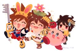 4boys ahoge belt black_hair blue_eyes brown_hair chibi chibi_only crossover dark_pit flower keyblade kid_icarus kid_icarus_uprising kingdom_hearts kirby kirby_(series) laurel_crown male_focus maxim_tomato multiple_boys nintendo open_mouth pit_(kid_icarus) siblings sora_(kingdom_hearts) spiked_hair super_smash_bros. suruga_kanade sweatdrop twins