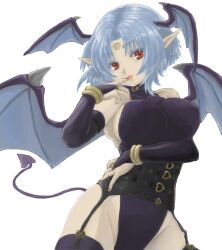 Rule 34 | 1girl, blue hair, breasts, chickenkue, demon tail, demon wings, facial mark, fake tail, filia (star ocean), forehead mark, halloween costume, head wings, jewelry, large breasts, lipstick, looking at viewer, makeup, nail polish, pointy ears, red eyes, short hair, simple background, solo, star ocean, star ocean the second story, tail, thighhighs, white background, wings