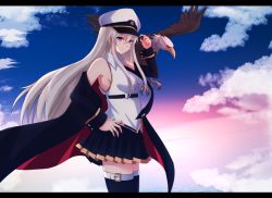 Rule 34 | 1girl, azur lane, bird, black coat, blue sky, breasts, cloud, cloudy sky, coat, cowboy shot, eagle, enterprise (azur lane), hat, kinohal95, large breasts, letterboxed, long hair, looking at viewer, miniskirt, necktie, open clothes, peaked cap, purple eyes, shirt, silver hair, skirt, sky, sleeveless, smile, solo, thighhighs, very long hair