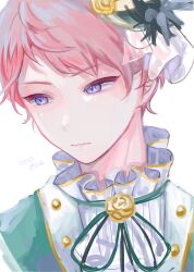 Rule 34 | 1boy, closed mouth, commentary request, dated, ensemble stars!, green ribbon, highres, itsuki shu, machi es, male focus, neck ribbon, pink hair, portrait, purple eyes, ribbon, short bangs, short hair, simple background, solo, white background