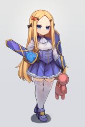 Rule 34 | 1girl, abigail williams (fate), blonde hair, blue dress, blue eyes, blush, breasts, cosplay, dress, melusine (fate), melusine (second ascension) (fate), fate/grand order, fate (series), forehead, full body, highres, long hair, melusine (fate) (cosplay), miya (miyaruta), parted bangs, revision, small breasts, stuffed animal, stuffed toy, teddy bear