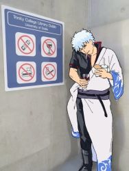 Rule 34 | 1boy, alcohol, black eyes, black footwear, black pants, black shirt, blue hair, boots, burger, cellphone, cigarette, collarbone, cup, disposable cup, drink, drinking glass, english text, food, gintama, godzillapigeon1, half-closed eyes, head tilt, holding, holding drink, holding drinking glass, holding food, japanese clothes, kimono, looking down, male focus, meme, mouth hold, no smoking, off shoulder, outdoors, pants, phone, photo background, ribbon-trimmed sleeves, ribbon trim, sakata gintoki, sash, shirt, short hair, sketch, smoking, solo, standing, white kimono, wine, wine glass, you&#039;re doing it wrong