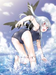Rule 34 | 00s, 1girl, ass, barefoot, bent over, doll joints, from behind, joints, kakashichi, kneepits, one-piece swimsuit, rozen maiden, school swimsuit, solo, suigintou, swimsuit, wading, water