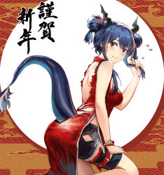 Rule 34 | 1girl, arknights, ass, bkko, bun cover, ch&#039;en (ageless afterglow) (arknights), ch&#039;en (arknights), china dress, chinese clothes, double bun, dragon, dragon girl, dragon horns, dragon tail, dress, female focus, highres, horns, long hair, official alternate costume, red dress, solo, tail, thighs