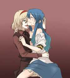Rule 34 | 2girls, alice margatroid, alternate color, bad id, bad pixiv id, bare shoulders, blonde hair, blue eyes, blue hair, blush, closed eyes, clothes grab, crying, female focus, flat chest, frottage, girl on top, hairband, hand on another&#039;s head, hinanawi tenshi, hug, imminent kiss, licking, long hair, moaning, multiple girls, naked shirt, naughty face, necktie, open clothes, open shirt, player 2, shirt, short hair, straddling, tears, tongue, torinone, touhou, vest, wavy mouth, yuri