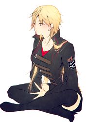 Rule 34 | 1girl, :o, alpha signature, black jacket, black thighhighs, blonde hair, blush, breasts, collar, collarbone, commentary request, crossed legs, full body, genderswap, genderswap (mtf), hair between eyes, izumi kouhei, jacket, long hair, long sleeves, looking away, parted lips, pepper fever, simple background, sitting, solo, thighhighs, uniform, white background, world trigger, yellow eyes