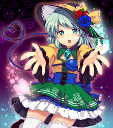 Rule 34 | 1girl, aqua eyes, bad id, bad pixiv id, blue flower, blue rose, blush, corset, embellished costume, female focus, floral print, flower, hair ribbon, hat, hat flower, heart, heart of string, incoming hug, komeiji koishi, light particles, lights, matatabi maru, open mouth, outstretched arms, red flower, red rose, ribbon, rose, shirt, short hair, silver hair, skirt, smile, solo, thighhighs, third eye, touhou, zettai ryouiki
